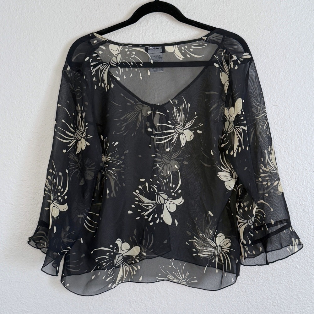 Y2K Whimsigoth Black Floral Sheer Tie Front Ruffle Sleeve Blouse Womens 14 L/XL - Picture 2 of 7
